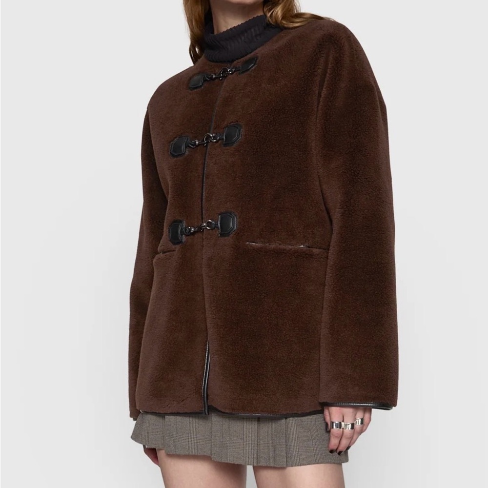 NWT Rebecca Minkoff Shearling Toggle Jacket Oversized Faux-Leather Trim Size S